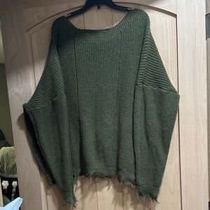Olive Green Distressed Knit Sweater - Women